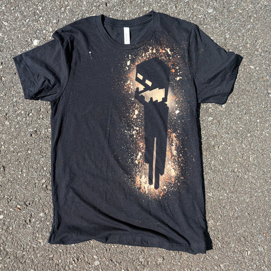 a black tee shirt with a Minecraft Enderman logo made with bleach