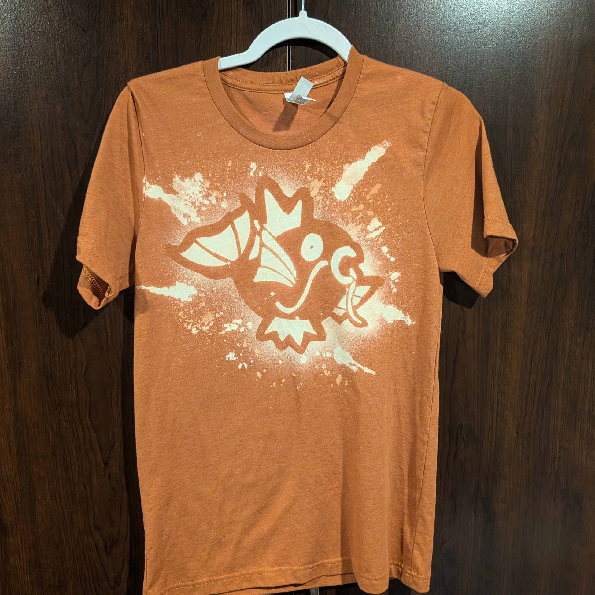 Magikarp Shirt - Orange tee shirt with a Magikarp design made with bleach