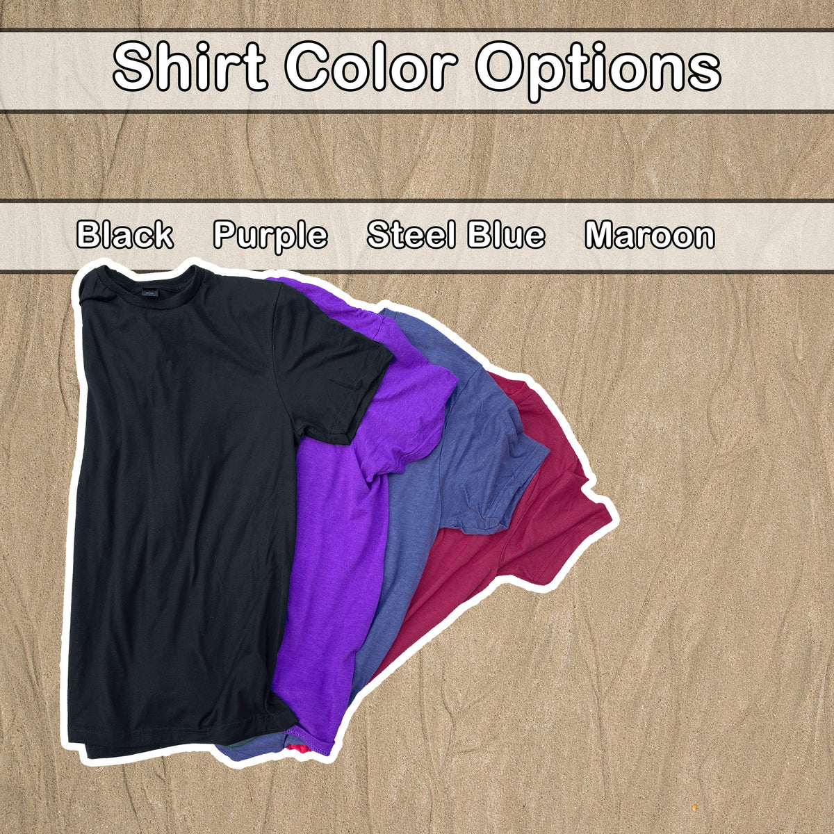 Four blank tshirts overlapping each other in black, purple, steel blue, and maroon.