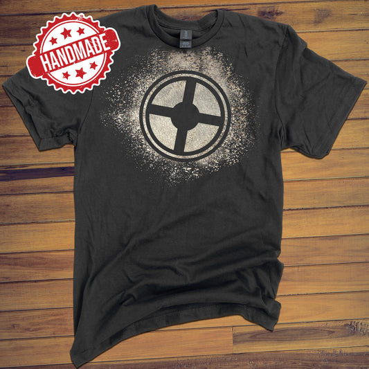 Black tee shirt with the Team Fortress 2 logo made with bleach and surrounded by more bleach splatter