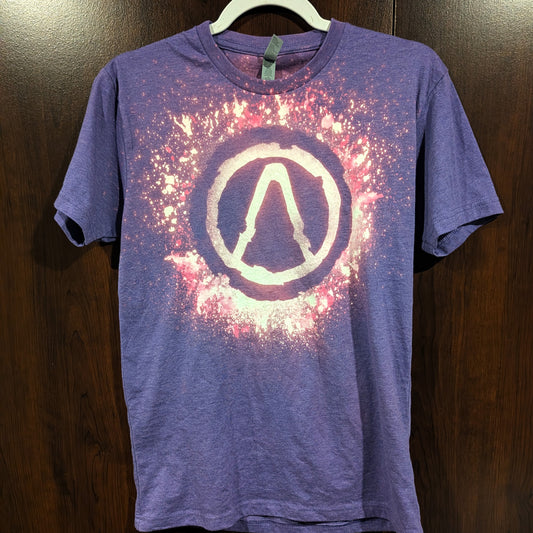 Purple Borderlands tee shirt with a Vault Symbol made with bleach
